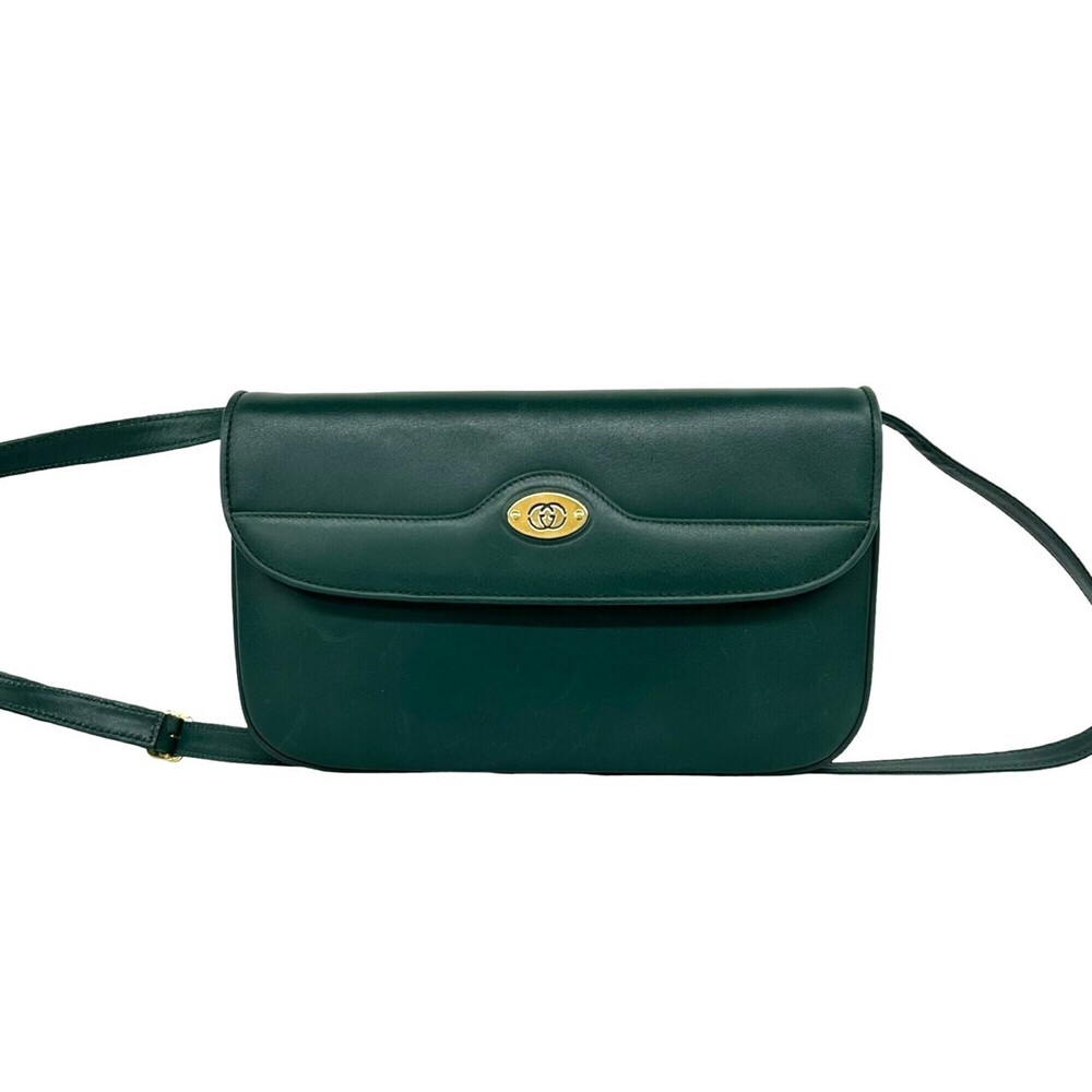 GUCCI Vintage Old Gucci Interlocking G Logo Hardware Leather Shoulder Bag Gre...